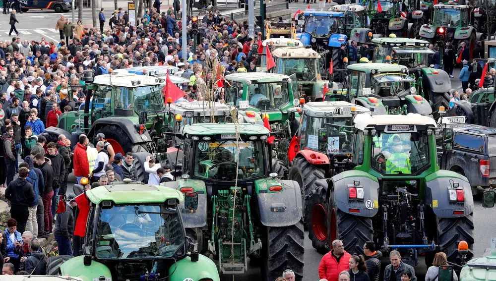 Agricultores, ganaderos y trabajadores del sector primario, en la protesta de Pamplona
