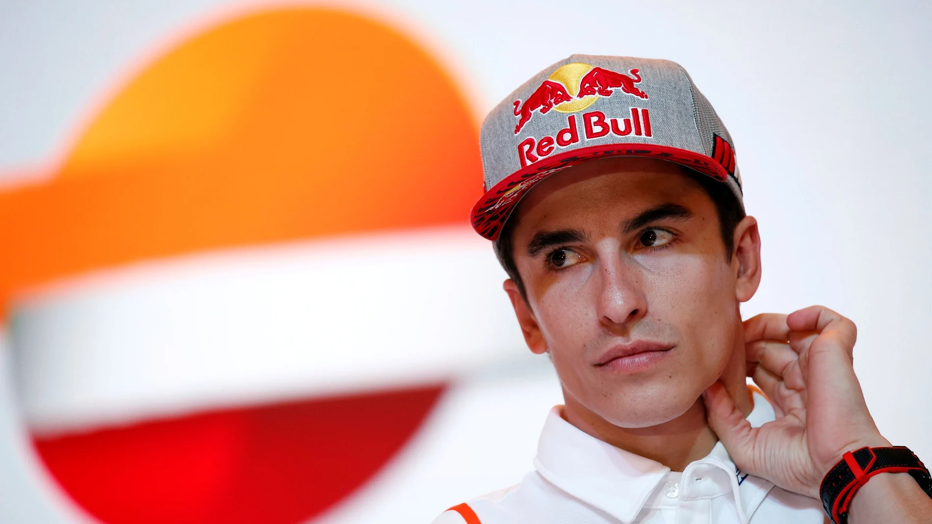 FILE PHOTO: Repsol Honda's Marc Marquez gestures during a press briefing at a launching ceremony in Jakarta