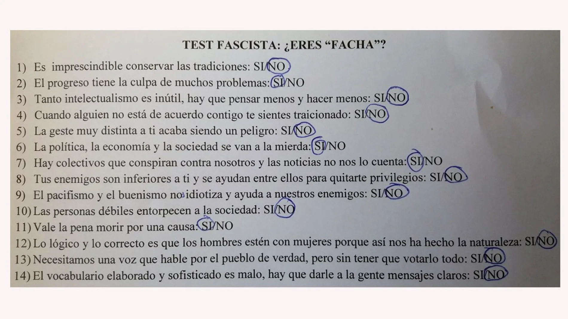 El "test facha" realizado en el Instituto Aramo de Oviedo a unos alumnos de cuarto de la ESO / Twitter