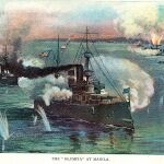 Ilustración del editor Murat Halstead sobre la batalla de Manila enla que aparece el buque norteamericano Olympia
