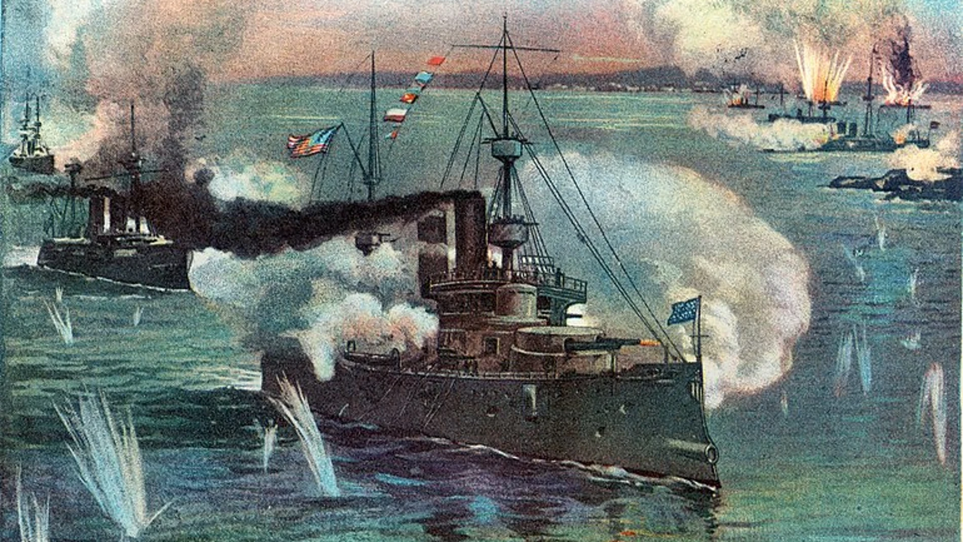 Ilustración del editor Murat Halstead sobre la batalla de Manila enla que aparece el buque norteamericano Olympia