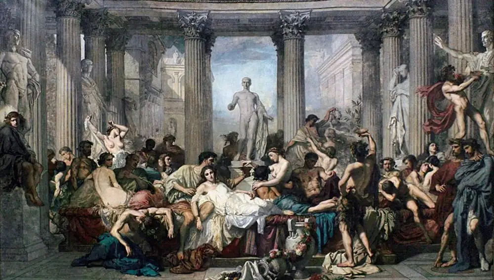 «Romanos en la decadencia», pintura moralizante de Thomas Couture (1815-1879) que trataba de criticar la depravación y los excesos en la antigua Roma