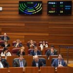Bancada de los miembros del Gobierno y del PP, con Fernández Mañueco, Igea, Ibáñez y Fernández Carriedo en primer término, durante una de las votaciones del pleno de ayer