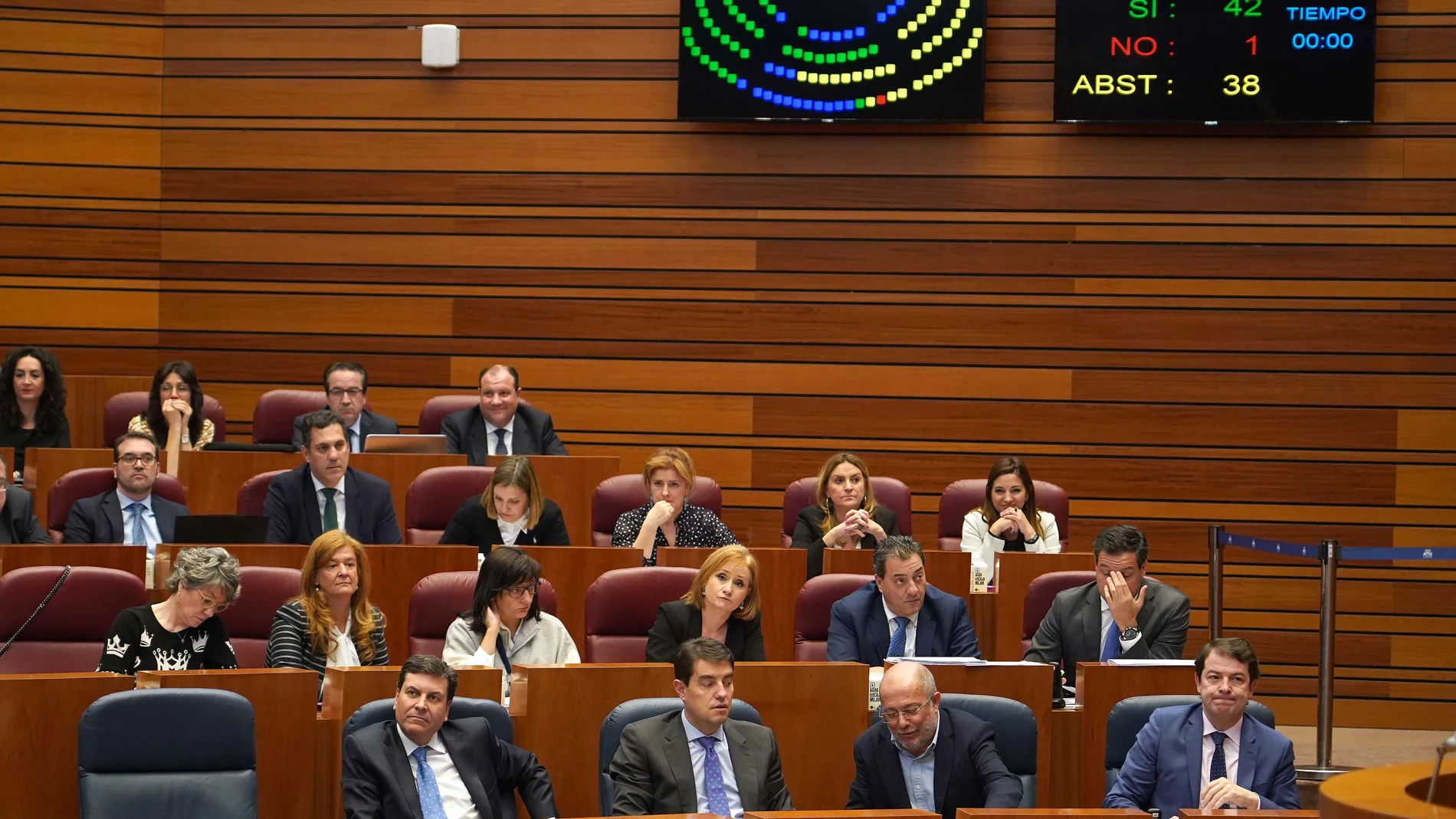 Bancada de los miembros del Gobierno y del PP, con Fernández Mañueco, Igea, Ibáñez y Fernández Carriedo en primer término, durante una de las votaciones del pleno de ayer