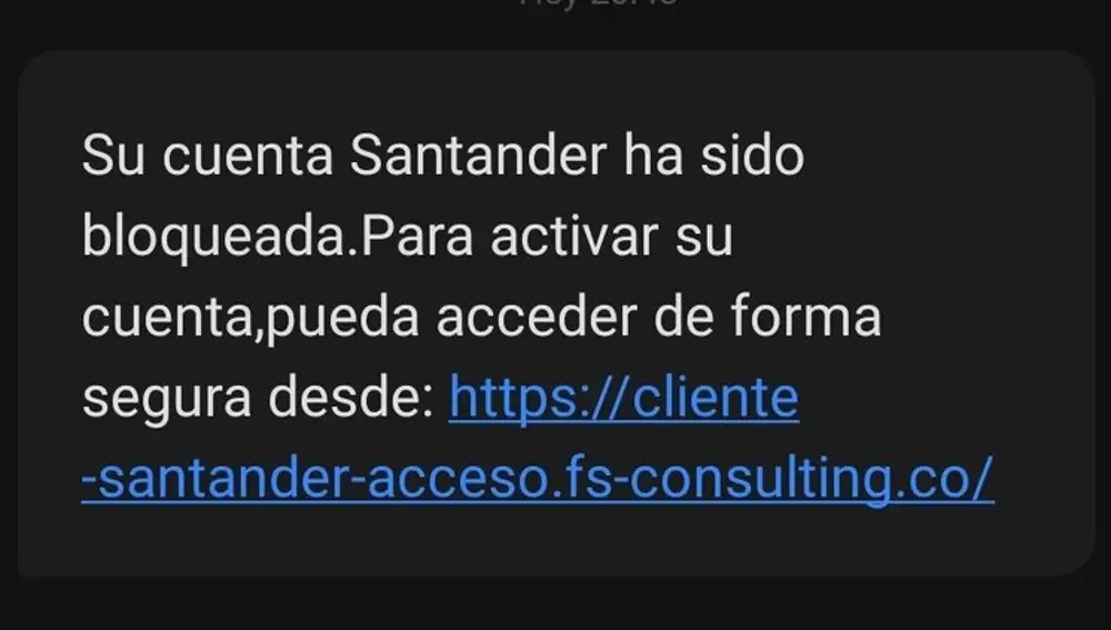 Este es el mensaje que mandan para suplantar la identidad del Banco Santander