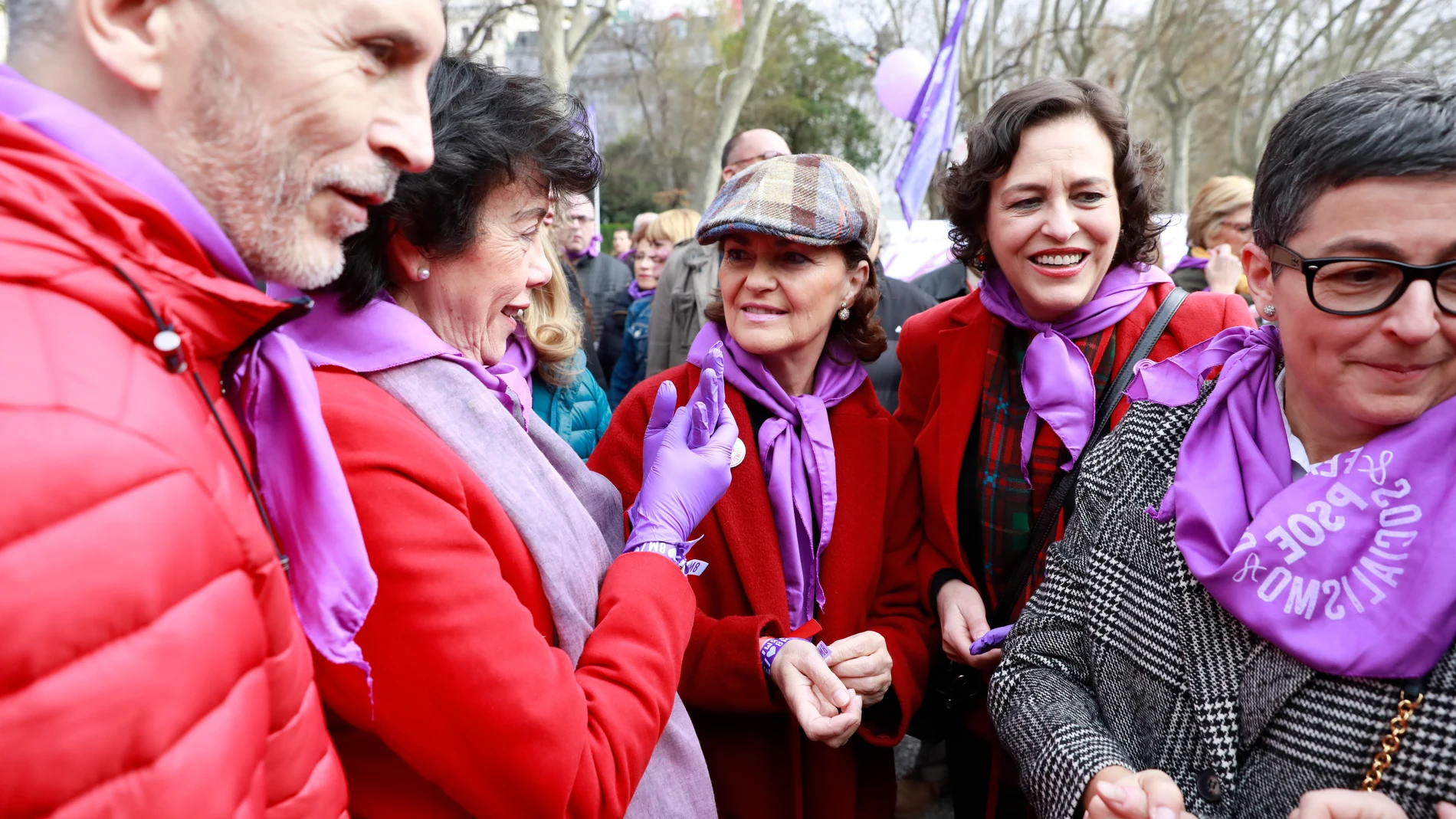 Destacados miembros del Gobierno durante la pasada manifestación del 8 de marzo en Madrid.