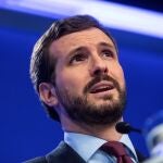 El líder del PP, Pablo Casado, durante la rueda de prensa posterior a la reunión del Comité de dirección del partido celebrada este lunes en la sede de la calle Génova, en Madrid. EFE/Rodrigo Jiménez