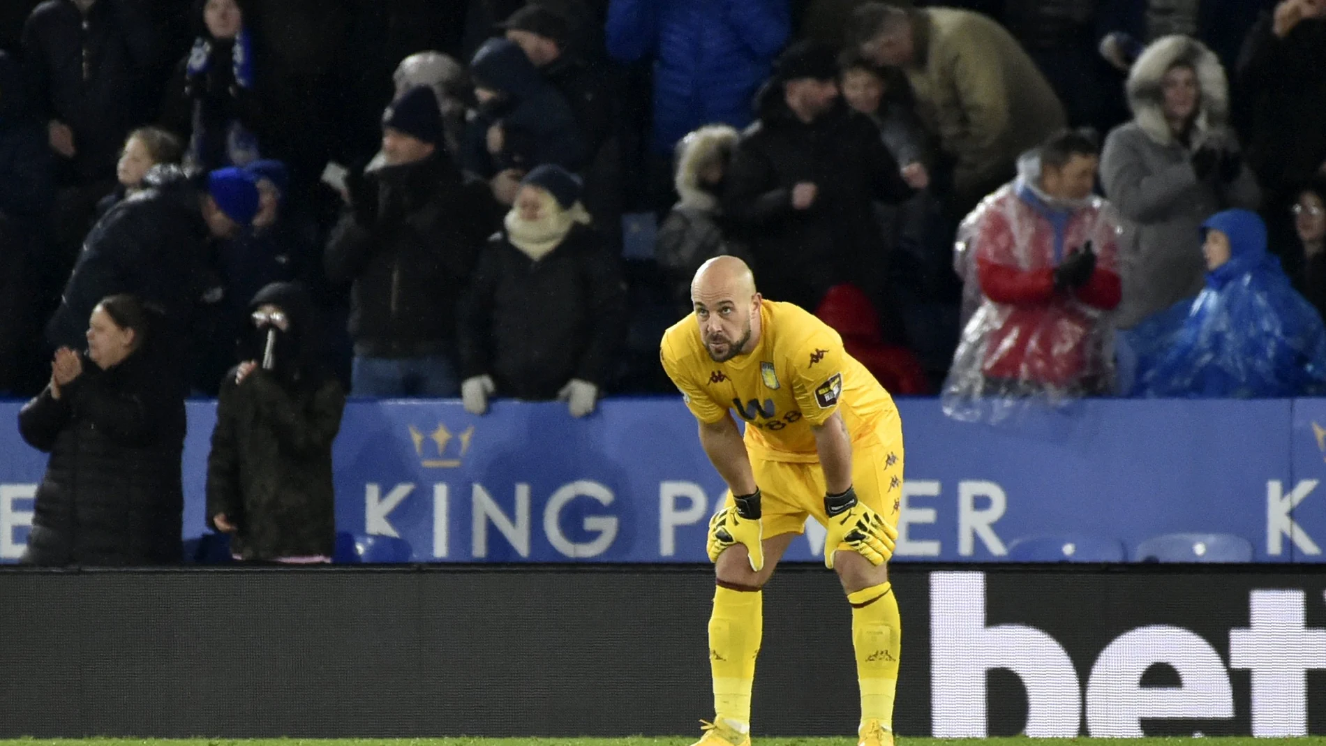Aston Villa's goalkeeper Pepe Reina reacts after Leicester's Harvey Barnes scored the opening goal during the English Premier League soccer match between Leicester City and Aston Villa at the King Power Stadium, in Leicester, England, Monday, March 9, 2020. (AP Photo/Rui Vieira)