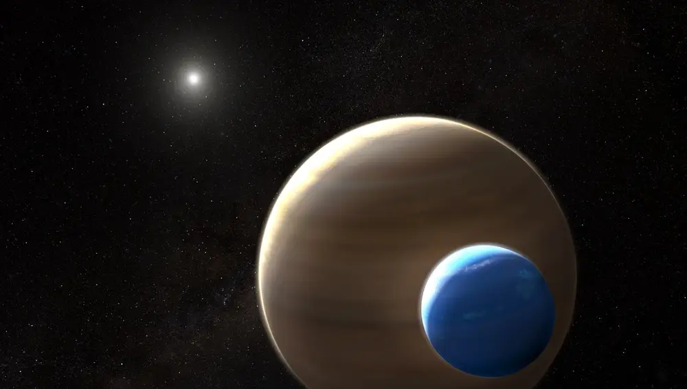 Recreación artística de una posible exoluna del tamaño de Neptuno en torno al exoplaneta Kepler-1625b.