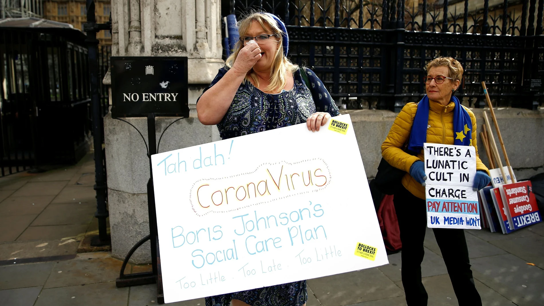 A protester holding a placard stands outside the Houses of Parliament, following an outbreak of the coronavirus, in London