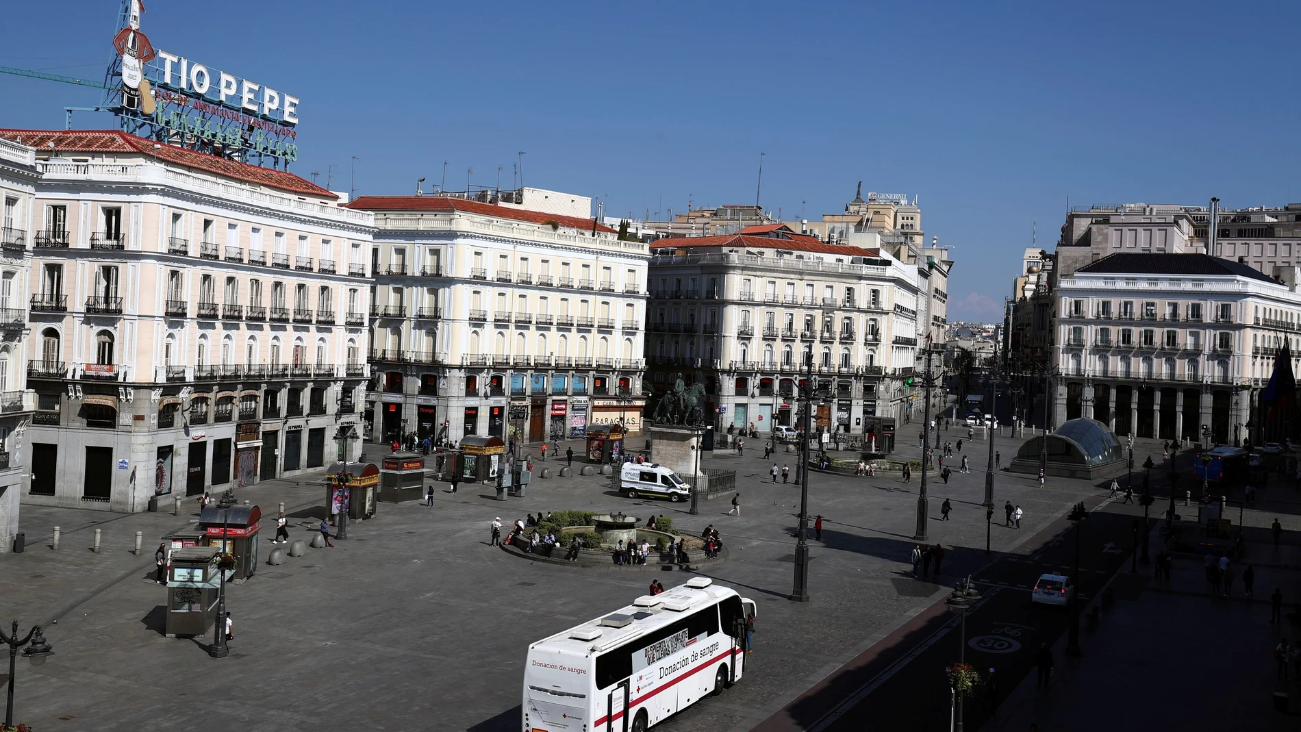 General view of the famous landmark Puerta del Sol with few people due to the coronavirus outbreak in central Madrid