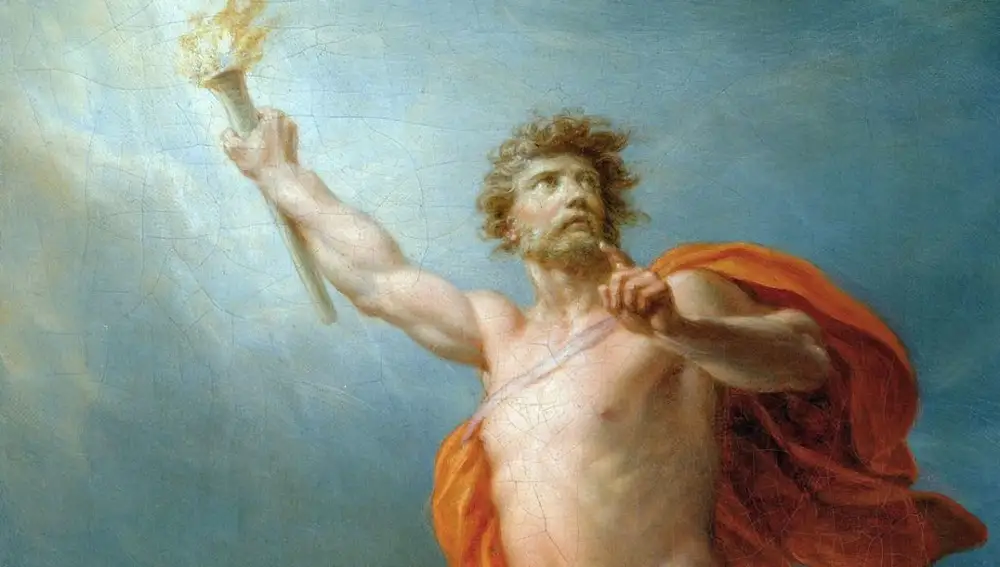 Detalle del cuadro Prometeo lleva el fuego a la humanidad, pintado por Heinrich Friedrich Füger. Con su gesto pide silencio a los hombres, temeroso de convocar la ira de Zeus.