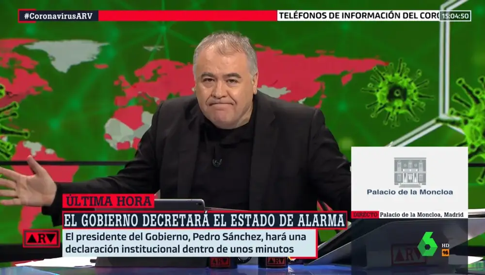 Antonio Ferreras durante el programa de 'Al rojo vivo' mientras el Gobierno decretaba el estado de alarma en toda España.