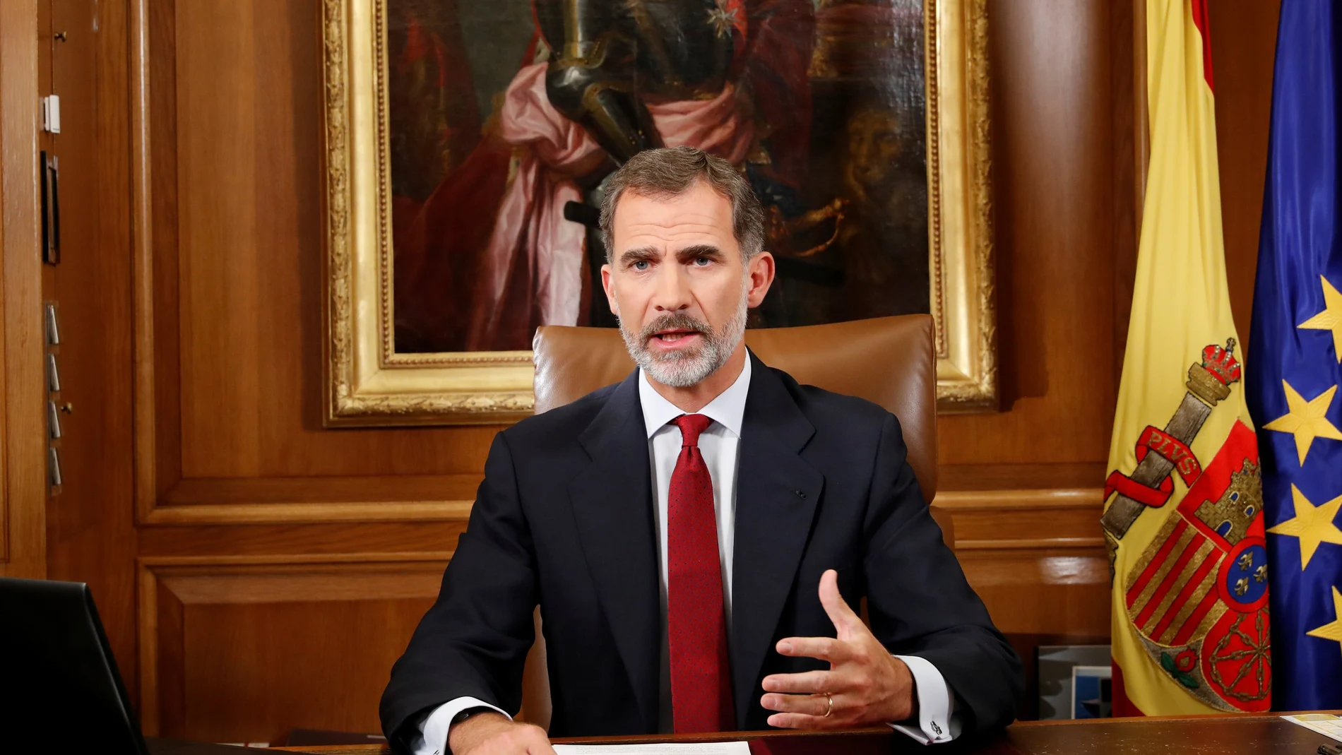 Felipe VI durante un mensaje a los españoles que dio tras el referéndum ilegal organizado por la Generalitat sobre la independencia de Cataluña.
