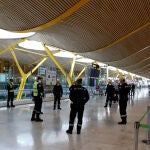 Varios militares de la UME trabaja durante la jornada de ayer en la desinfección del Aeropuerto Adolfo Suárez Madrid-Barajas