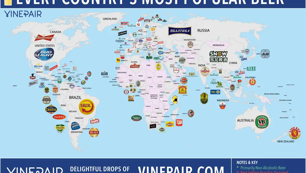 Marcas de cerveza favoritas por país.