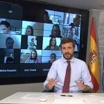 El líder del PP, Pablo Casado durante su rueda de prensa telemática
