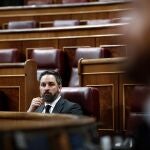 GRAF1793. MADRID, 25/03/2020.- El presidente de Vox, Santiago Abascal, durante el pleno del Congreso que se celebra hoy miércoles en Madrid. Además de la convalidación de los decretos económicos para paliar las consecuencias sociales de la pandemia del coronavirus, el Congreso debate la prórroga del estado de alarma hasta el próximo 11 de abril. EFE/Mariscal POOL