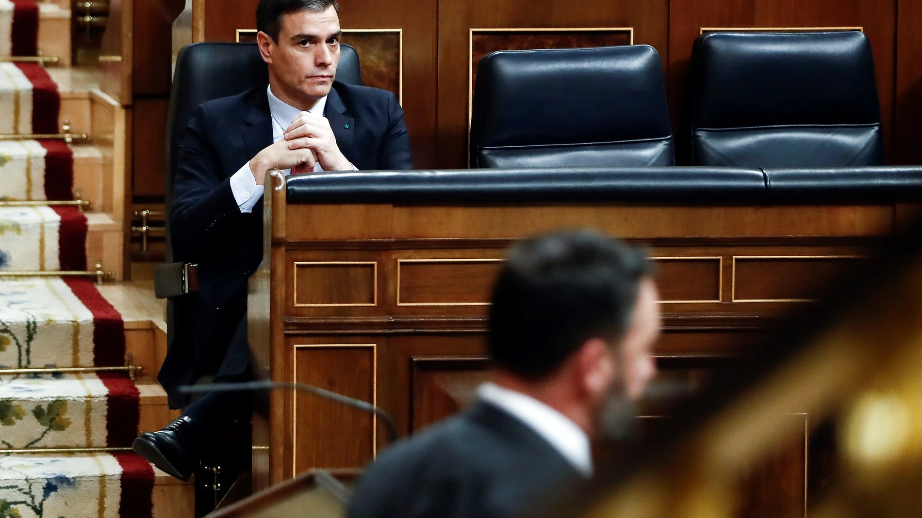 El presidente del Gobierno, Pedro Sánchez, tras la intervención de Santiago Abascal en el pleno del Congreso