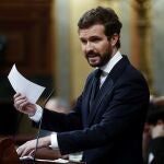 El presidente del PP, Pablo Casado, el miércoles en el pleno del Congreso que aprobó la prorroga del estado de alarma Efe