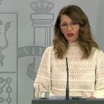 La ministra de Trabajo, Yolanda Díaz, durante una comparecencia para informar de las medidas laborales por la crisis del coronavirus