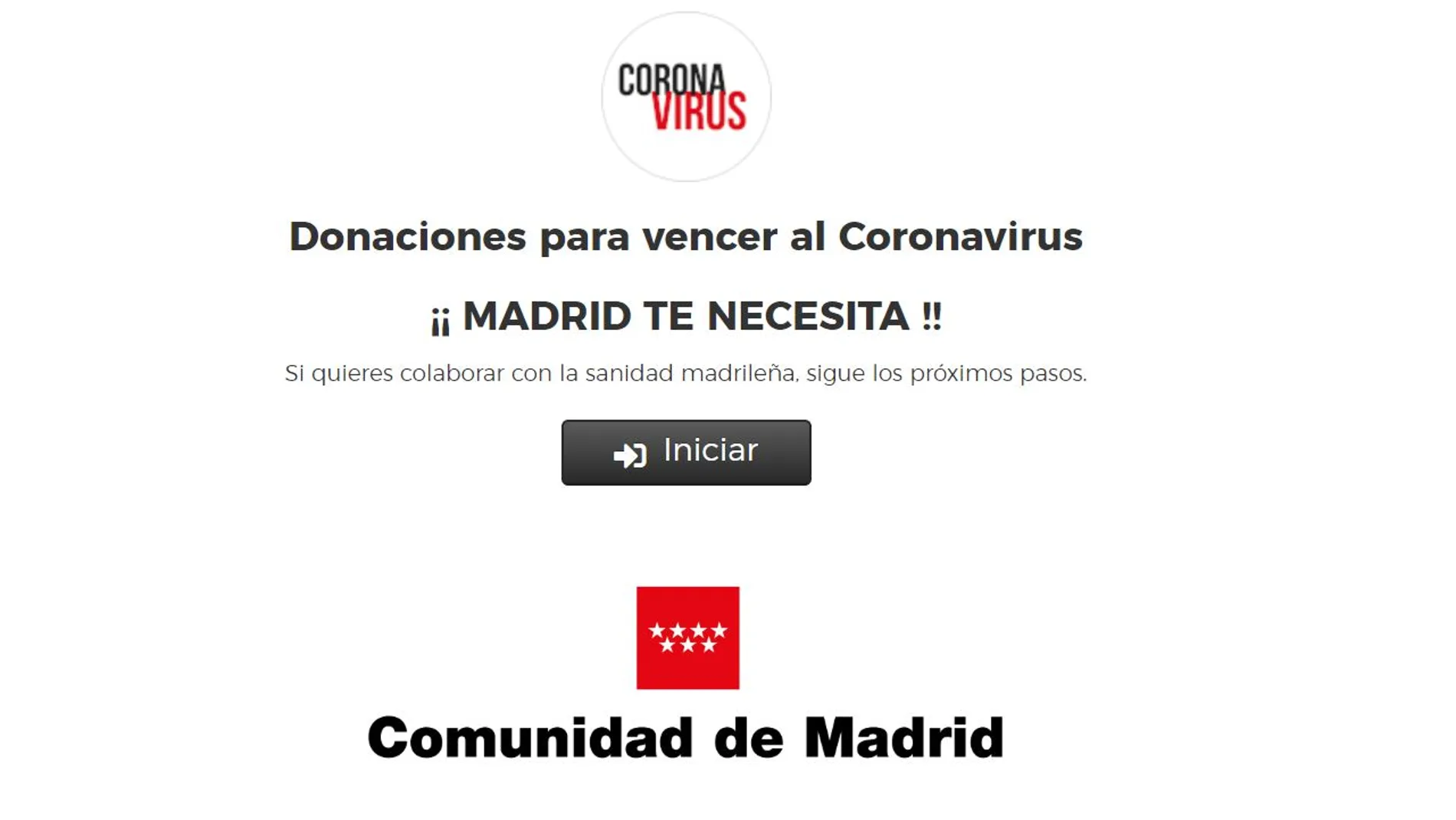 Página web para donaciones a la Sanidad de la Comunidad de Madrid por el coronavirus
