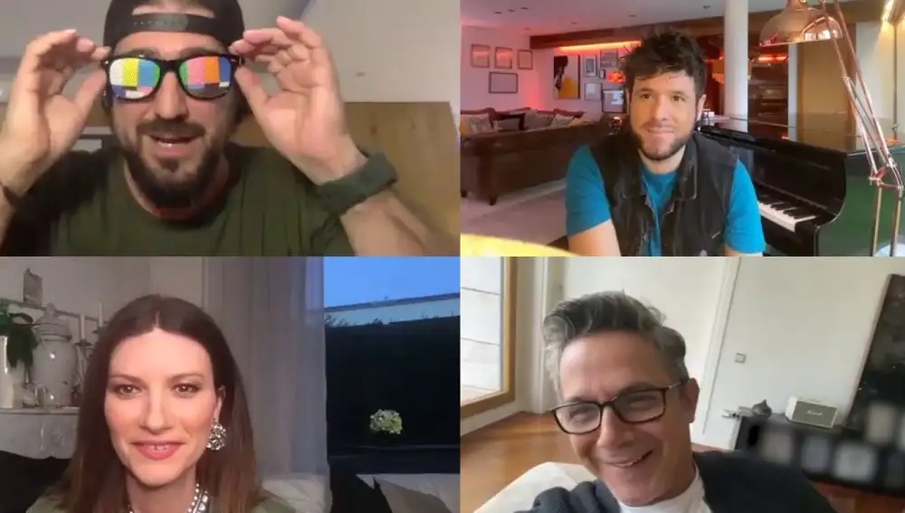 Antonio Orozco, Pablo López, Laura Pausini y Alejandro Sanz, coaches de "La Voz 2020", durante una videollamada