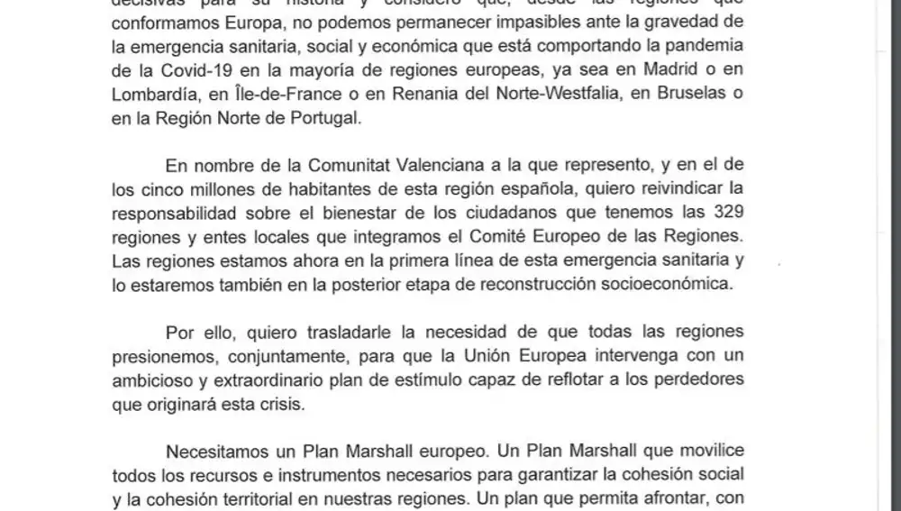 Carta que ha enviado el presidente Puig a 329 líderes regionales europeos