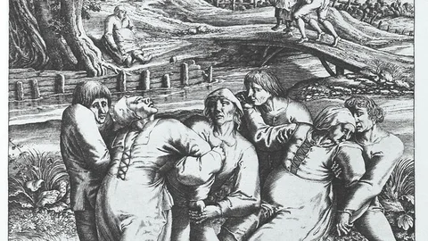 Un gravado de Hendrik Hondius II (1597-1651) que retrata a tres mujeres afectadas por la epidemia de baile, cada una de ellas sujetada por dos hombres