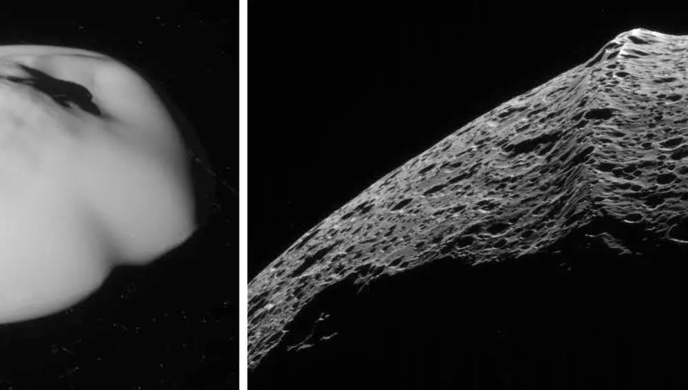 Estas imágenes se corresponden a dos satélites de Saturno: Atlas (izquierda) y un plano cercano de la cordillera ecuatorial de Jápeto (derecha).