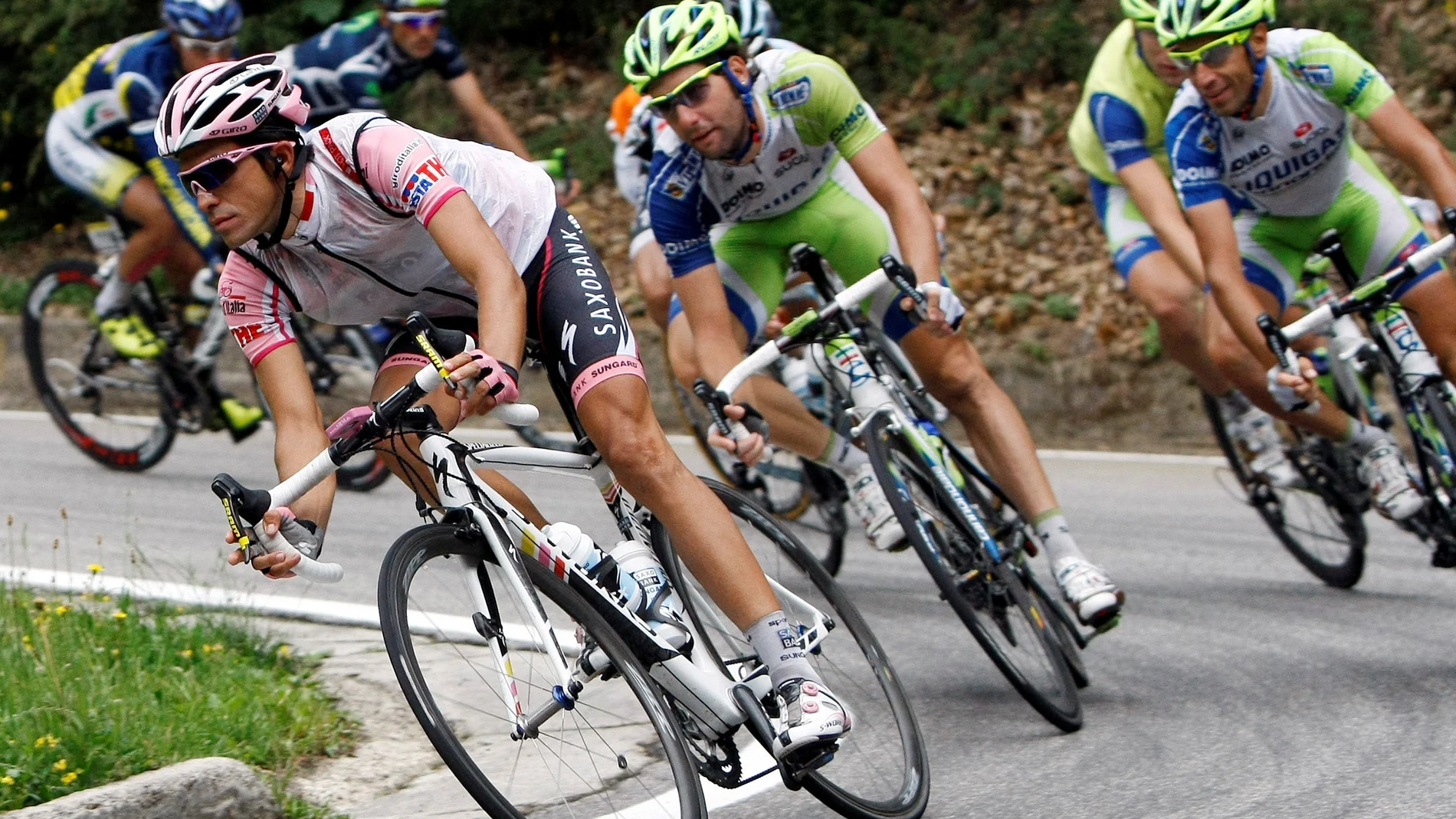 FILE PHOTO: Contador pedals during 19th stage of the Giro d'Italia cycling race from Bergamo to Macugnaga