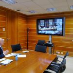 El consejero de Agricultura, Ganadería y Desarrollo Rural, Jesús Julio Carnero, durante la videoconferencia con el ministro Planas