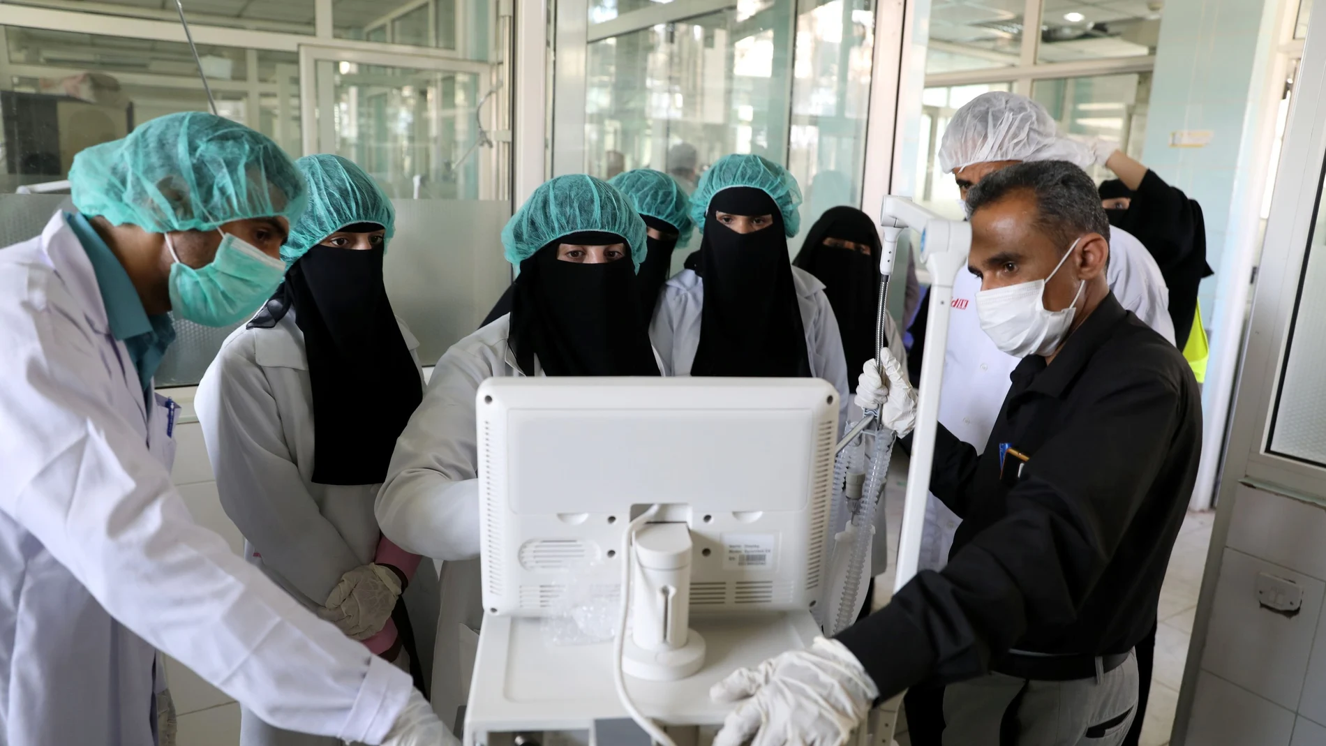 Nurses receive training on using ventilators provided by WHO in preparation for any possible spread of COVID-19 in Sanaa