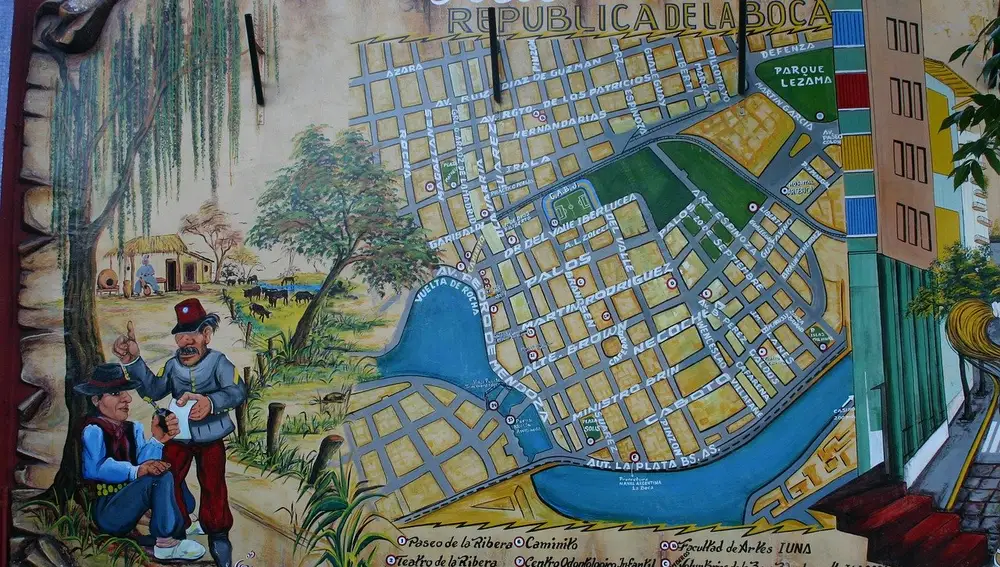 Plano mural con un mapa del barrio La Boca. Todavía quedan recuerdos de su efímera proclamación de independencia.
