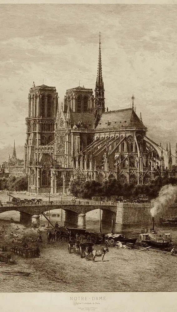 Este grabado de Alfred-Alexandre Delauney muestra cómo estaba Notre Dame de París en el siglo XIX