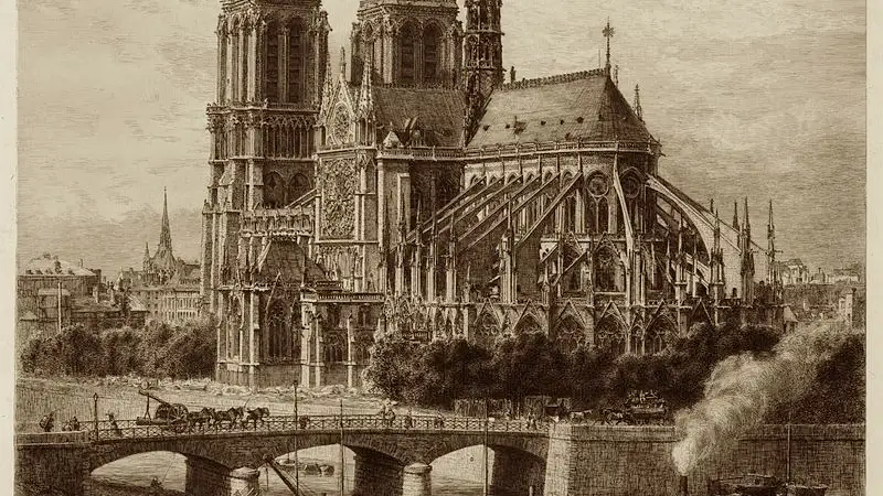 Este grabado de Alfred-Alexandre Delauney muestra cómo estaba Notre Dame de París en el siglo XIX