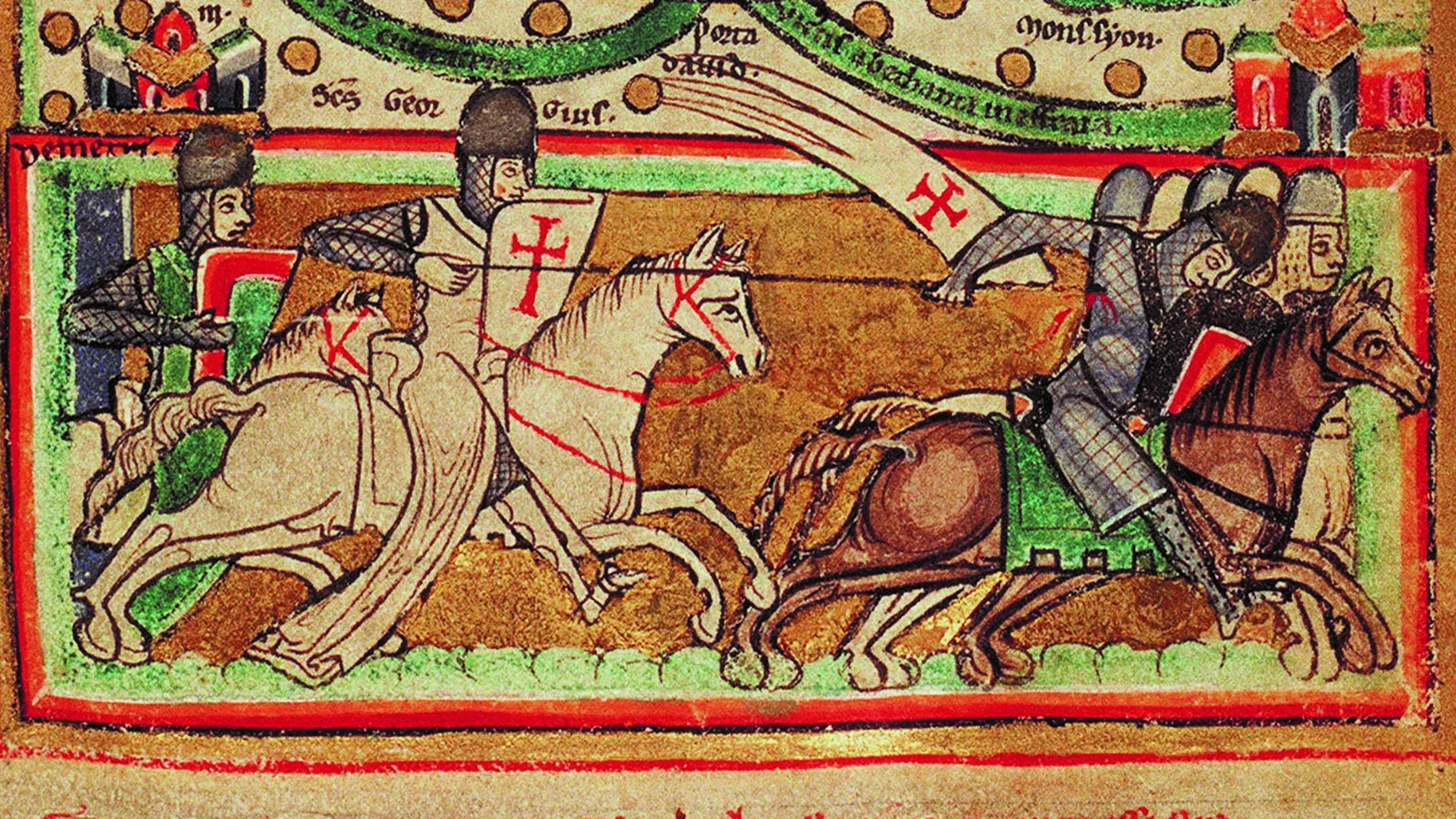 Duelo entre caballeros cruzados e infieles, miniatura del siglo XII