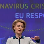 La presidenta de la Comisión Europea, Ursula Von der Leyen, en la presentación de la estrategia de salida de la UE