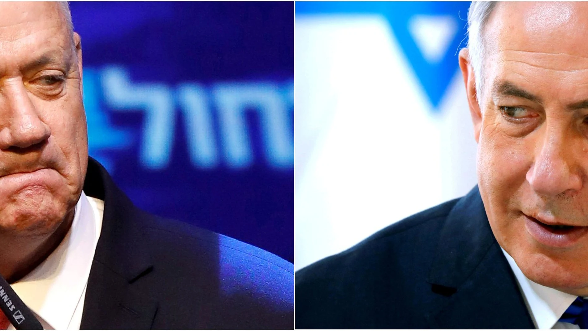 A combination picture shows Blue and White party leader Benny Gantz in Tel Aviv, Israel and Israeli Prime Minister Benjamin Netanyahu in the Jordan Valley, in the Israeli-occupied West Bank