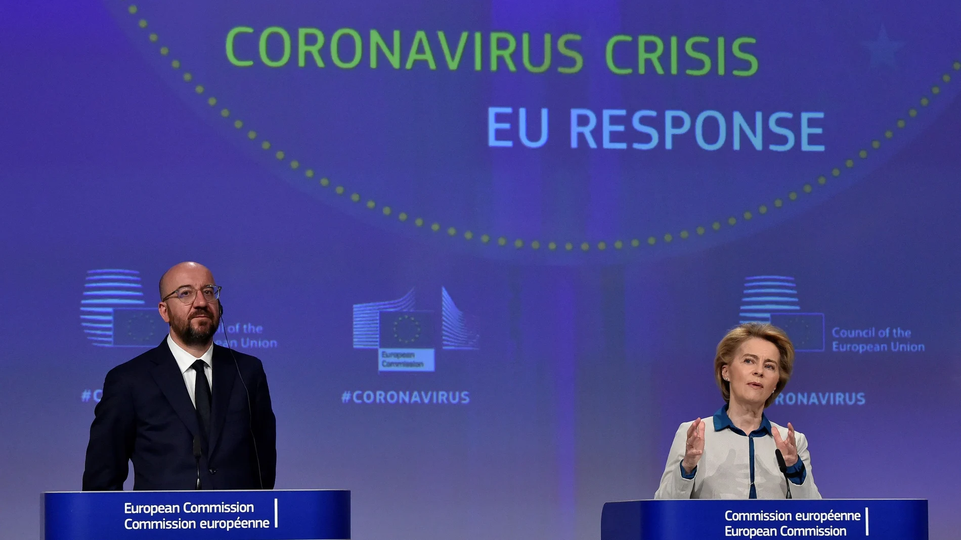 FILE PHOTO: The President of European Commission Ursula von der Leyen and the President of the European Council Charles Michel hold a news conference on the European Union response to the coronavirus disease (COVID-19) crisis at the EU headquarters in Bru