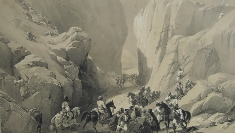 Este grabado reproduce la emboscada de los afganos a las tropas inglesas en uno de los pasos que tuvieron que atravesar