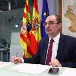 El Presidente de Aragón, Javier Lambán, participa en una videoconferencia de presidentes autonómicos con Pedro Sánchez