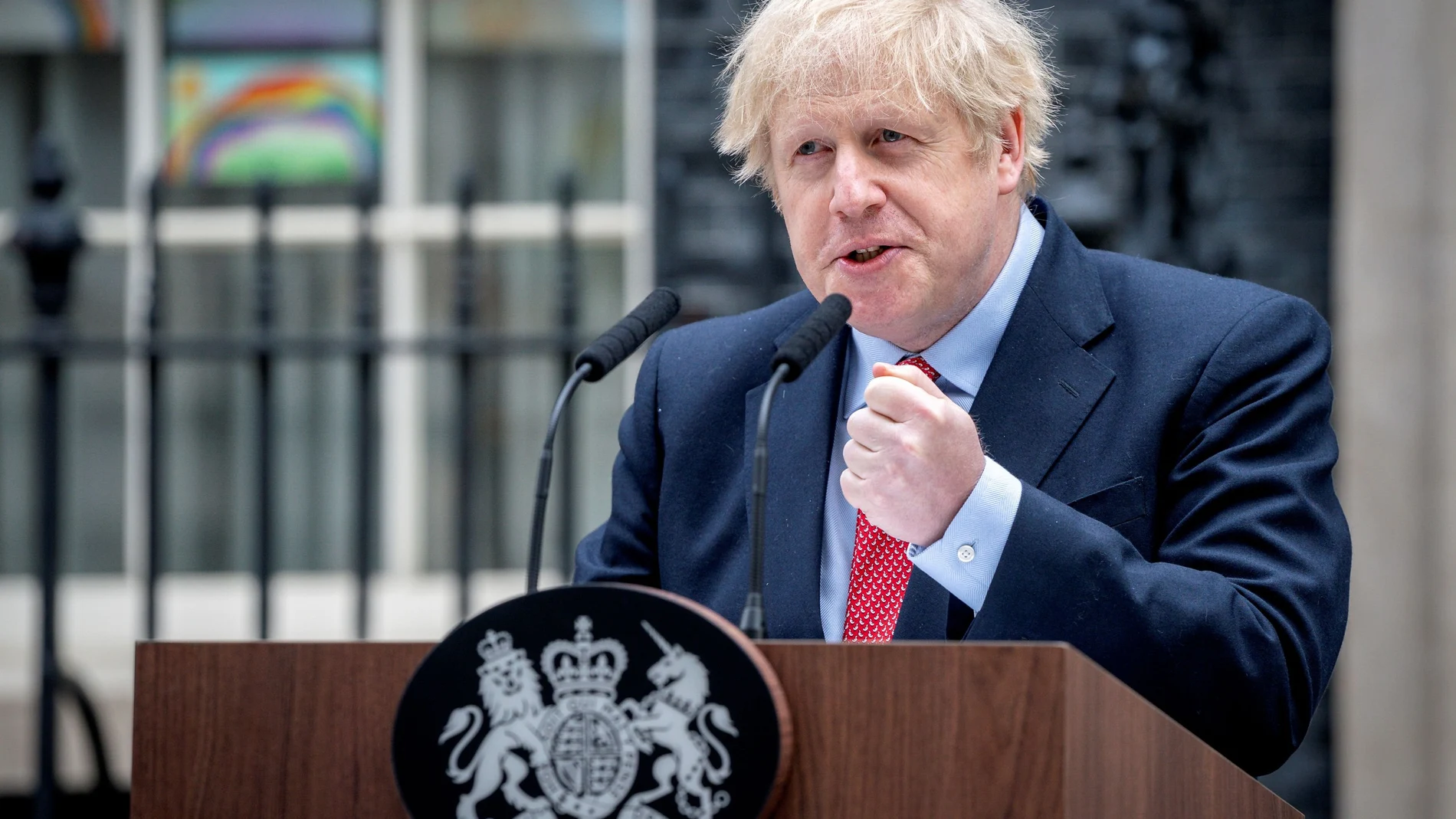 UK Prime Minister Boris Johnson gives a statement outside 10 Downing Street, as he returns to work following recovering from Coronavirus at Chequers.