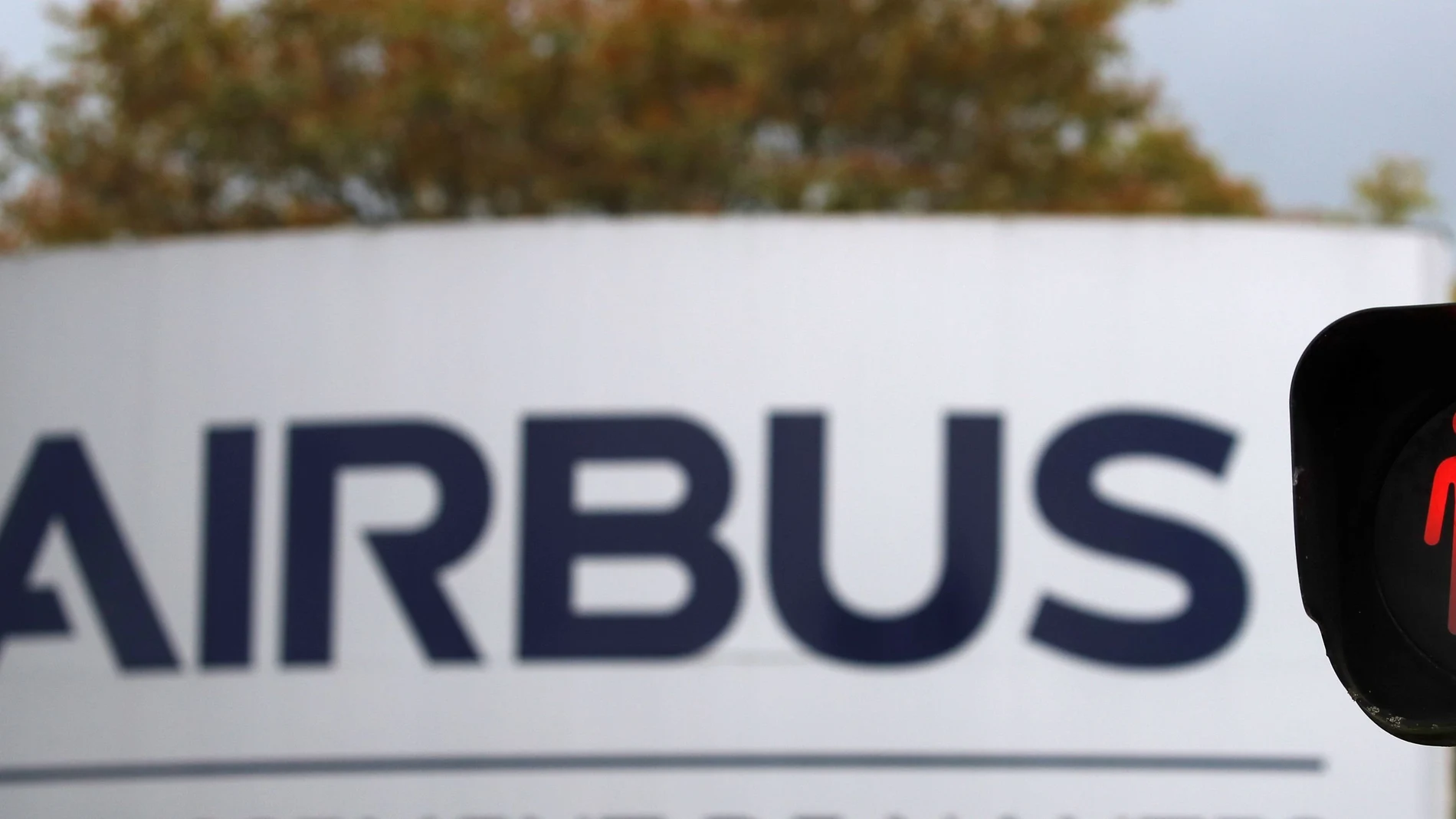The logo of Airbus is pictured at the entrance of the Airbus facility in Bouguenais