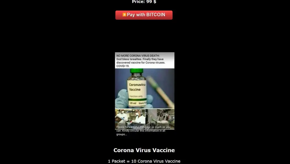 “Dios bendiga a los israelitas”, recoge un anuncio que promete una vacuna para acabar con el COVID-19