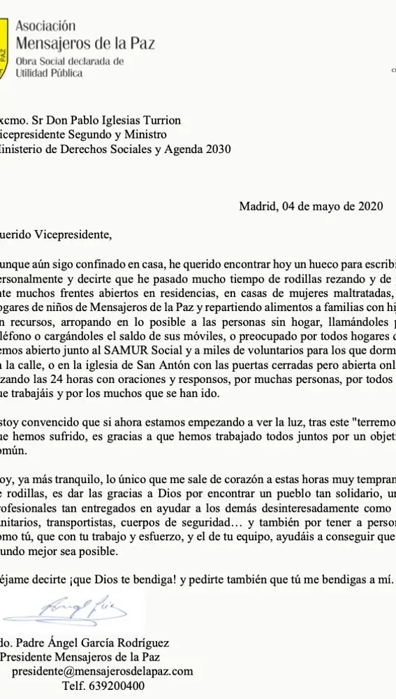 Carta que el padre Ángel envió al vicepresidente Pablo Iglesias y a otros 299 destinatarios más, ministros y líderes de la oposición, entre otros