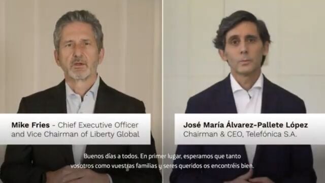 Jose María Álvarez-Pallete y Mike Fries durante el vídeo en el que han anunciado que Telefónica y Liberty Global fusionarán sus operaciones en Reino Unido.