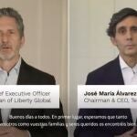 Jose María Álvarez-Pallete y Mike Fries durante el vídeo en el que han anunciado que Telefónica y Liberty Global fusionarán sus operaciones en Reino Unido.