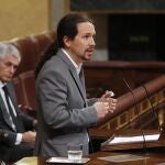 El vicepresidente segundo del Gobierno, Pablo Iglesias, durante su intervención en la sesión de Control al Ejecutivo