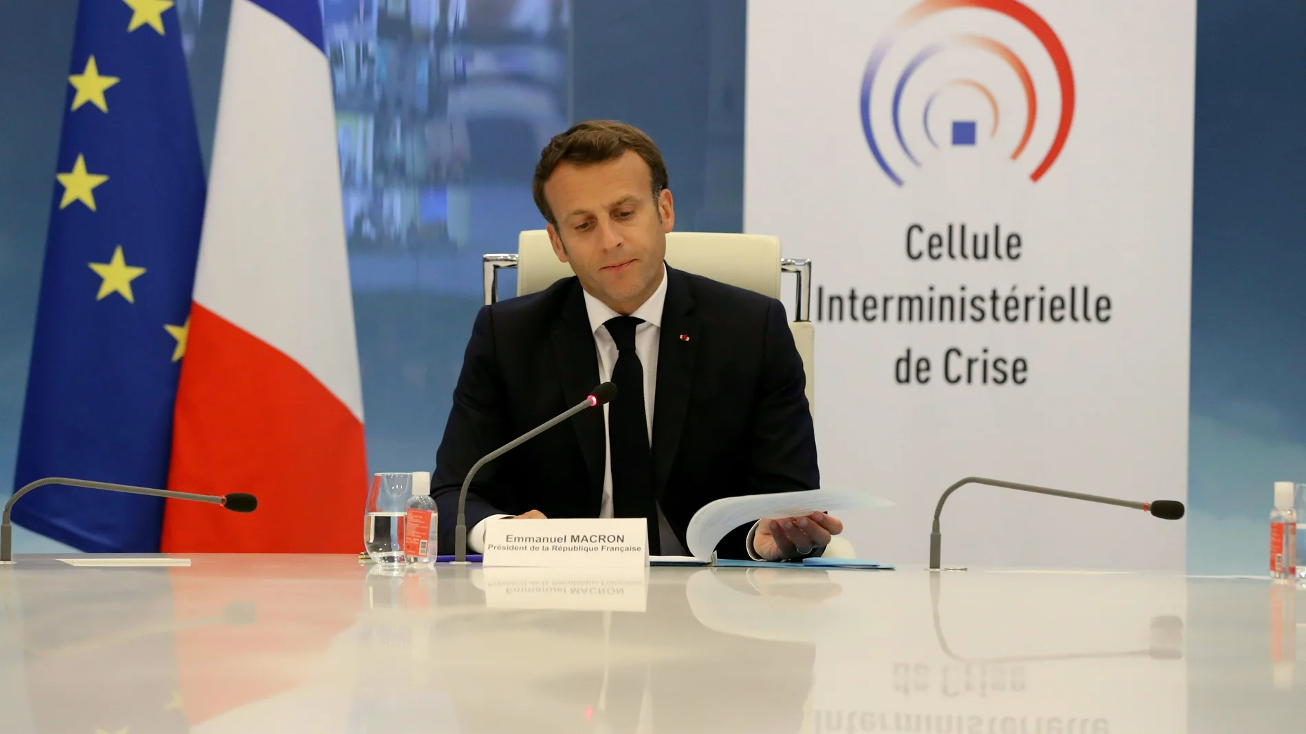 Video conference with Macron and region prefects at the Crisis Center of the French Interior Ministry
